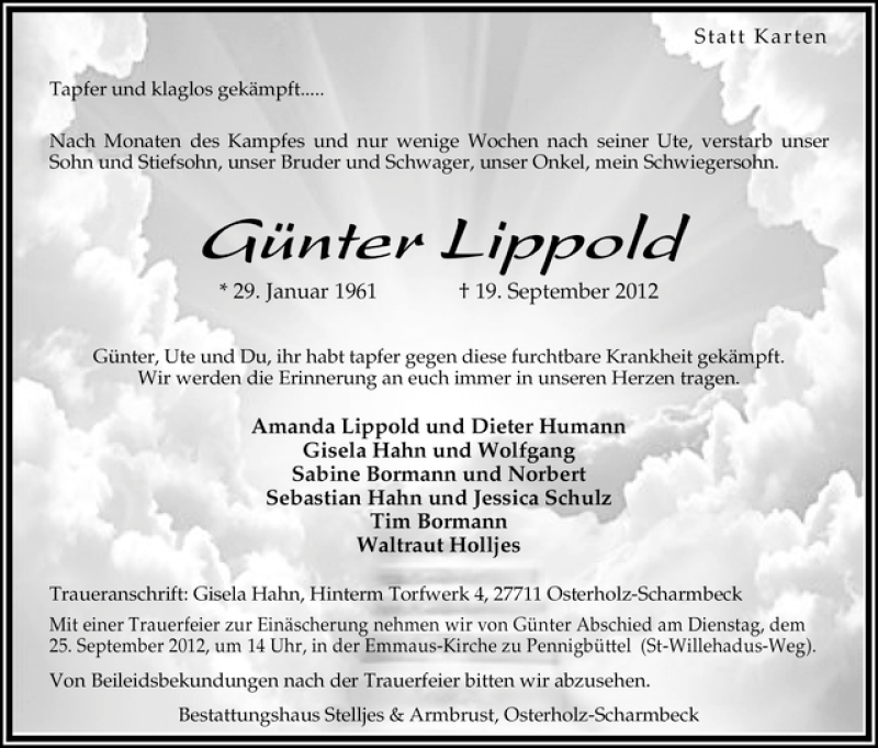 Traueranzeige für Günter Lippold vom 21.09.2012 aus WESER-KURIER