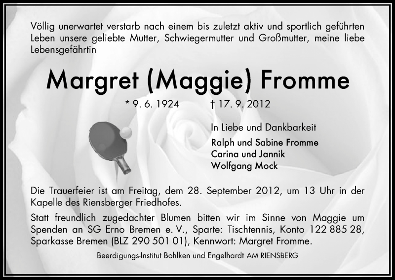 Traueranzeige von Margret Fromme von WESER-KURIER