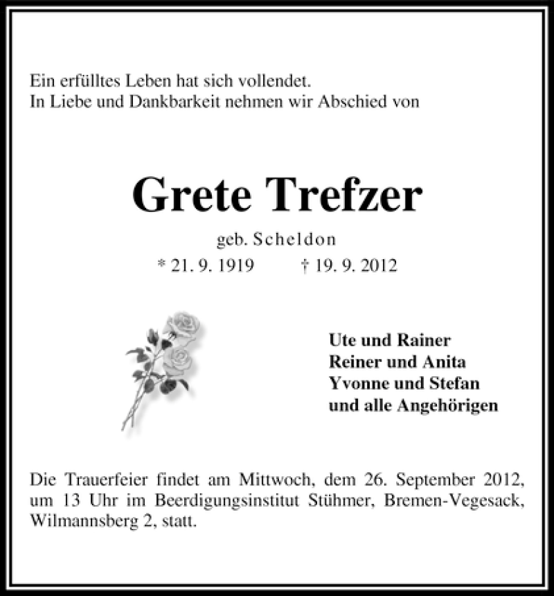  Traueranzeige für Grete Trefzer vom 22.09.2012 aus WESER-KURIER