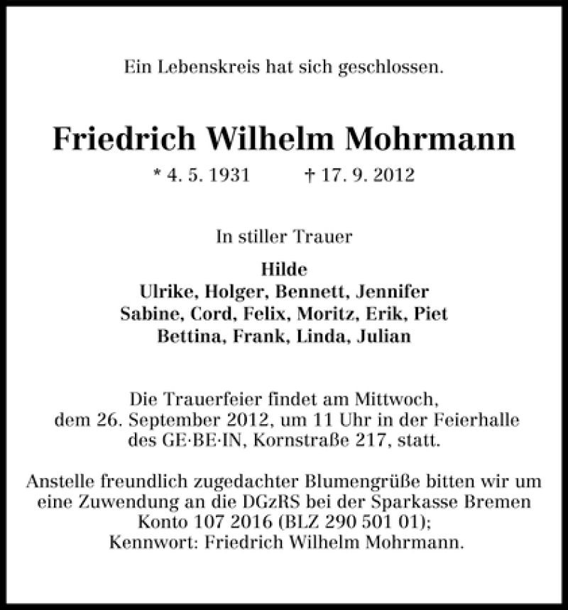Traueranzeige von Friedrich Wilhelm Mohrmann von WESER-KURIER