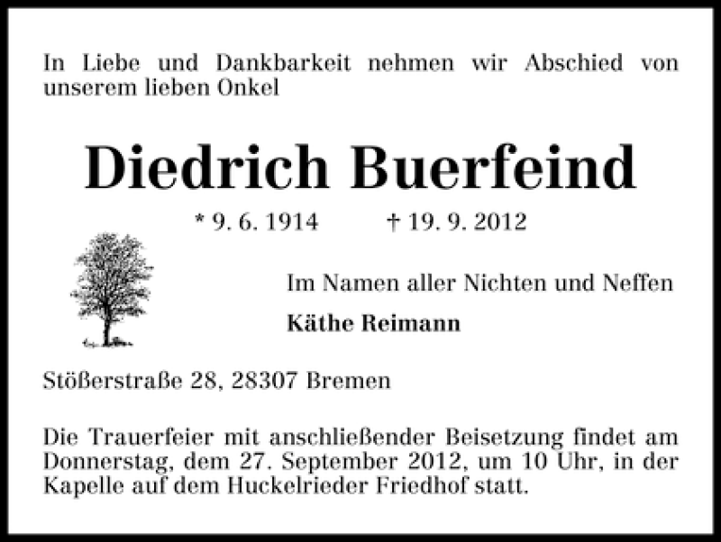 Traueranzeige von Dietrich Buerfeind von WESER-KURIER