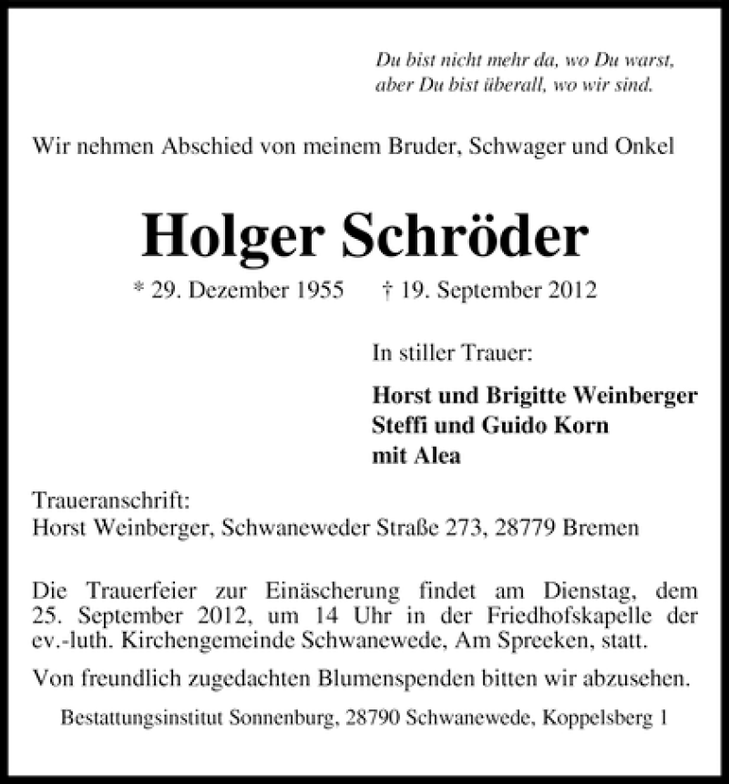 Traueranzeige von Holger Schröder von WESER-KURIER