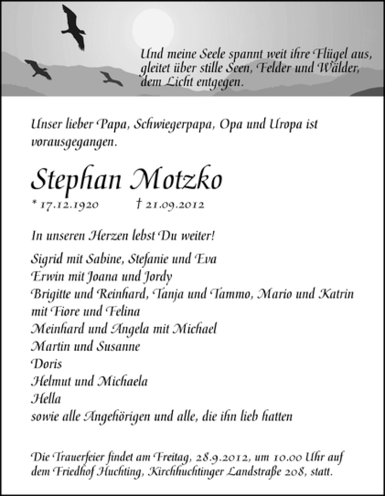  Traueranzeige für Stephan Motzko vom 26.09.2012 aus WESER-KURIER