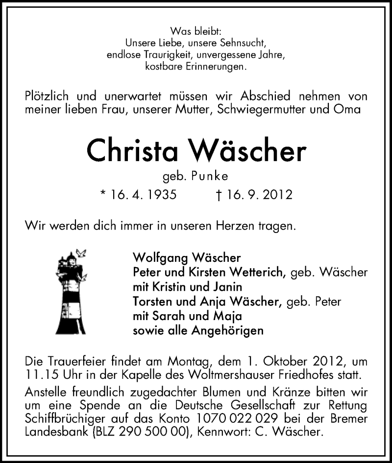 Traueranzeige von Christa Wäscher von WESER-KURIER