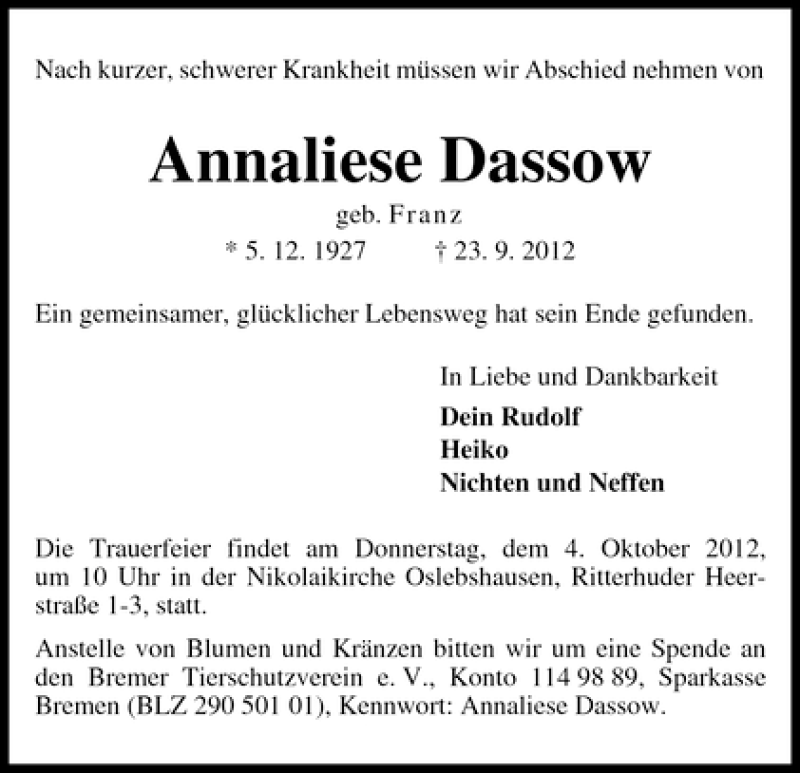 Traueranzeige von Annaliese Dassow von WESER-KURIER