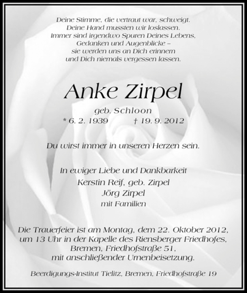  Traueranzeige für Anke Zirpel vom 29.09.2012 aus WESER-KURIER