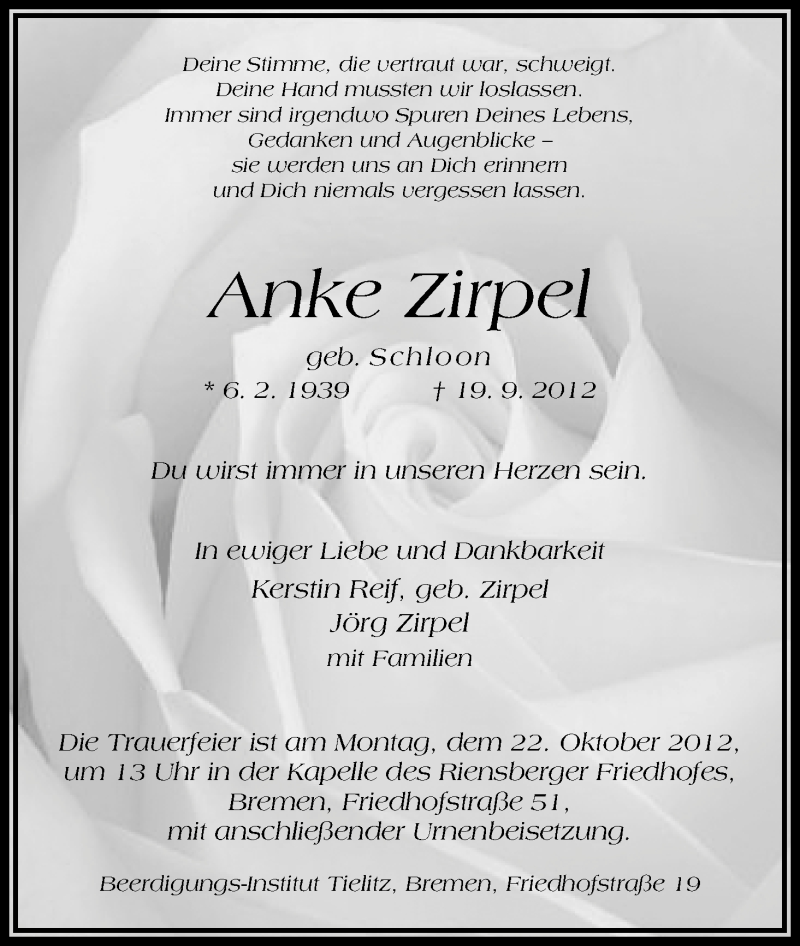  Traueranzeige für Anke Zirpel vom 20.10.2012 aus WESER-KURIER