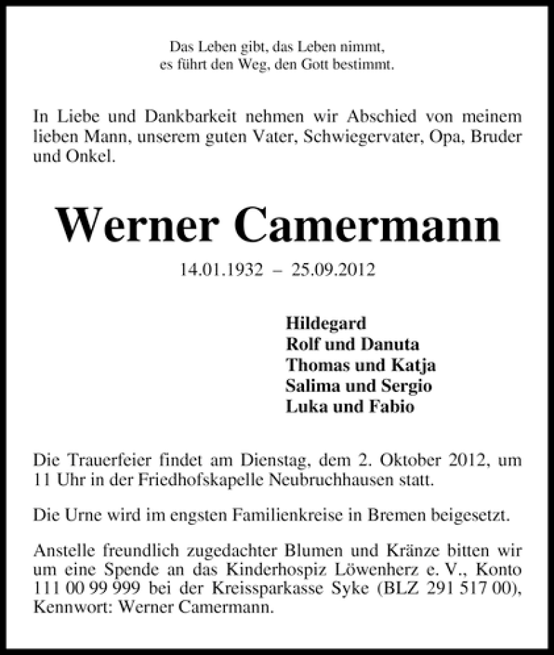Traueranzeige von Werner Camermann von WESER-KURIER