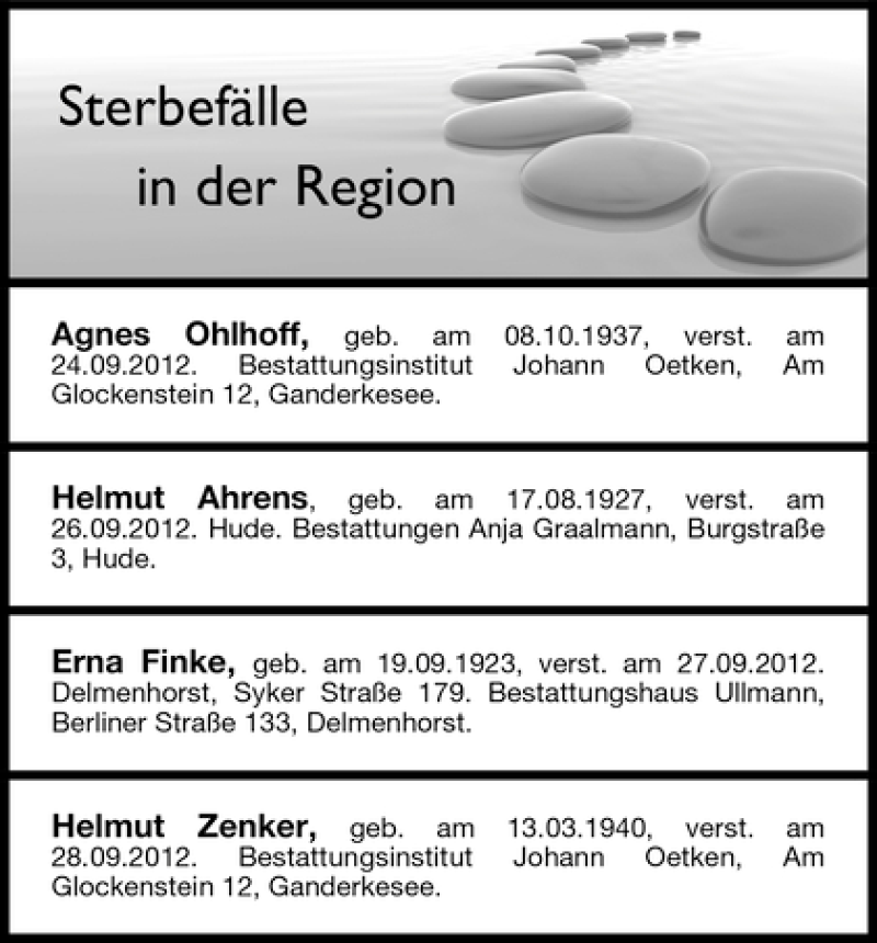 Traueranzeige von Sterbefälle vom 02.10.2012 von WESER-KURIER