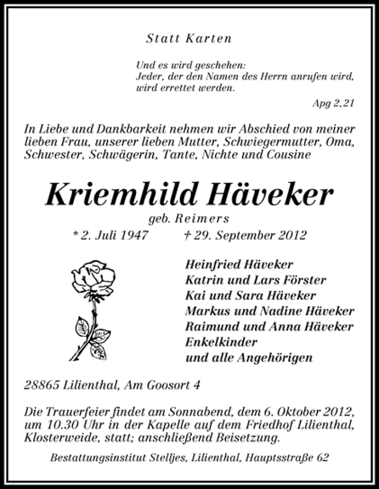  Traueranzeige für Kriemhild Häveker vom 02.10.2012 aus WESER-KURIER
