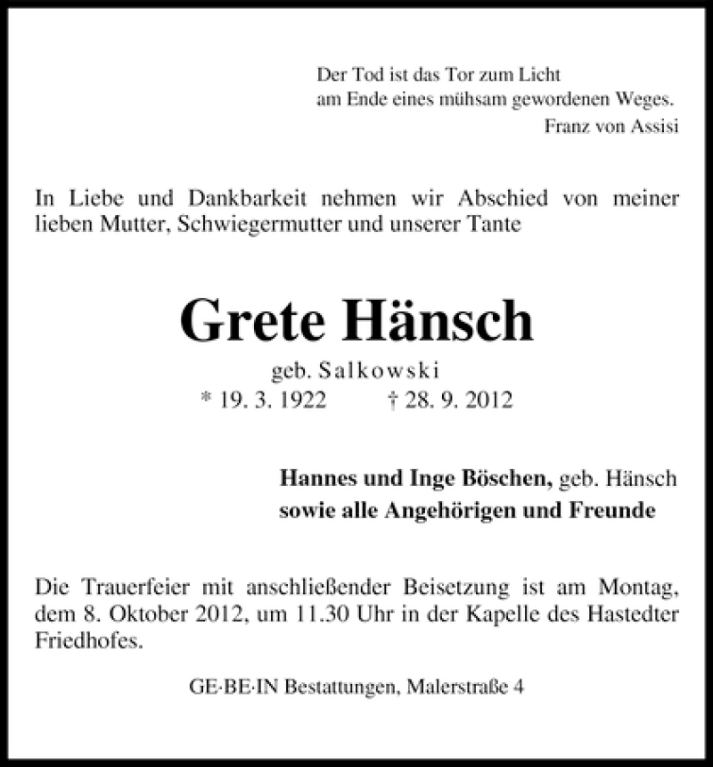 Traueranzeige von Grete Hänsch von WESER-KURIER