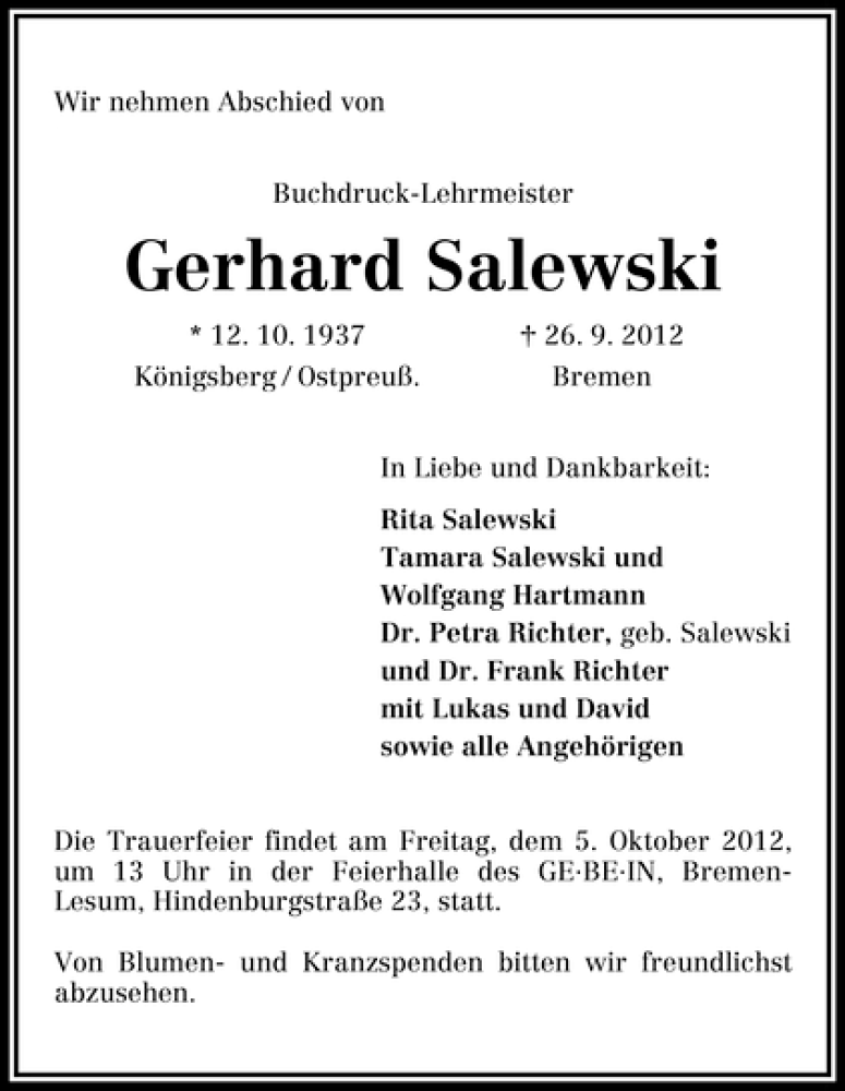 Traueranzeige von Gerhard Salewski von WESER-KURIER