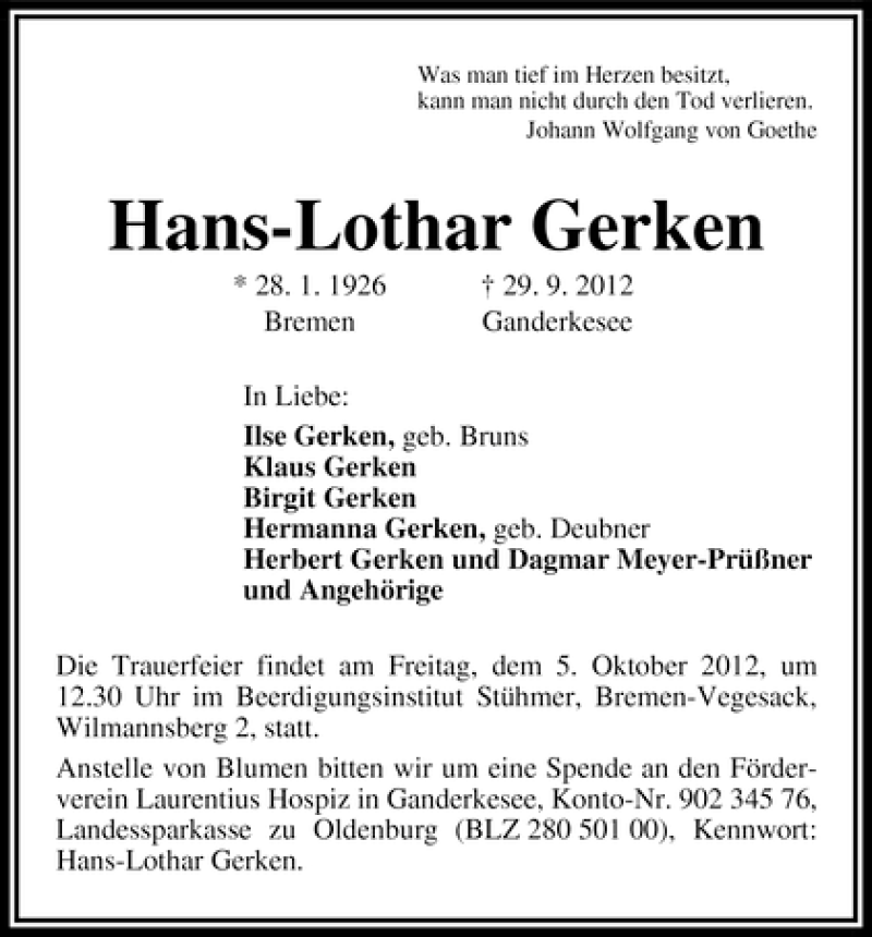 Traueranzeige von Hans-Lothar Gerken von WESER-KURIER