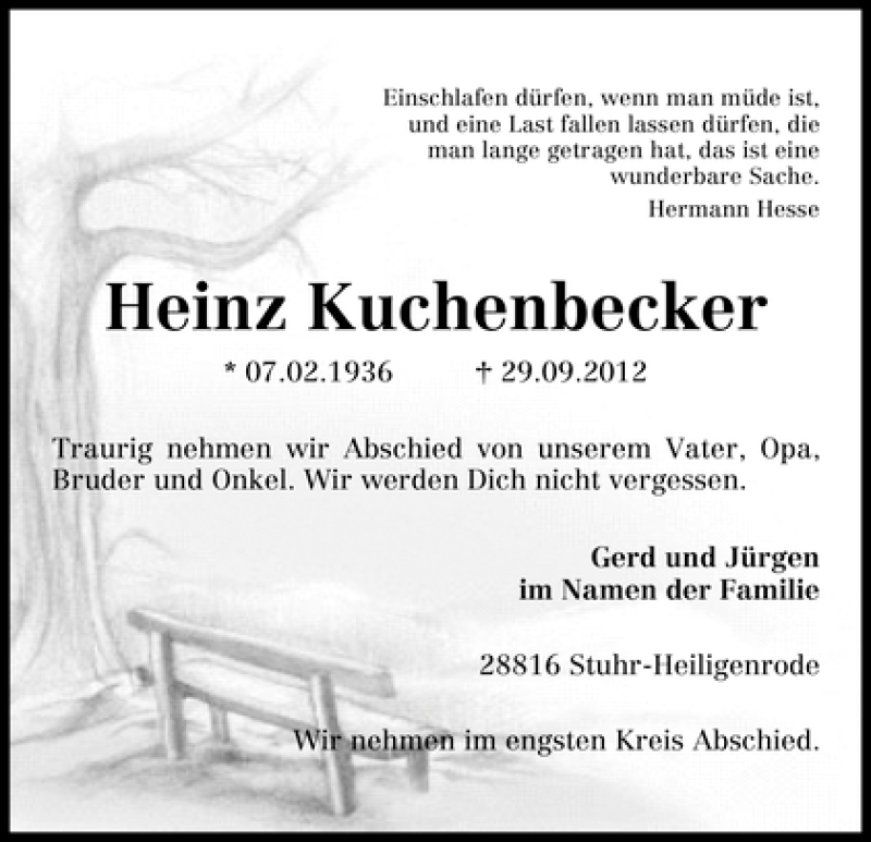 Traueranzeige von Heinz Kuchenbecker von WESER-KURIER
