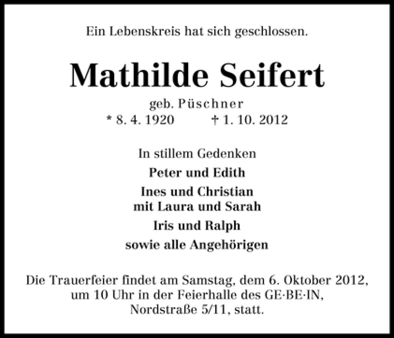 Traueranzeige von Mathilde Seifert von WESER-KURIER