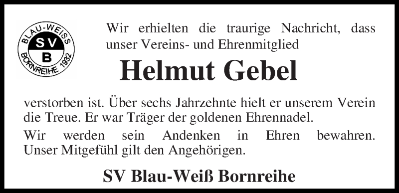 Traueranzeige von Helmut Gebel von Osterholzer Kreisblatt