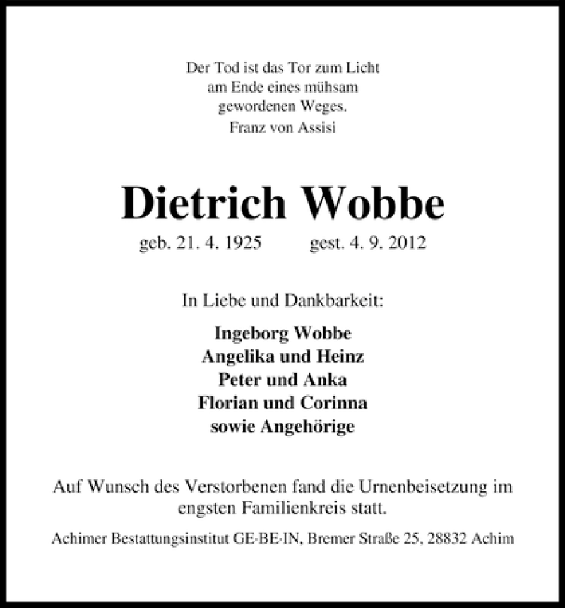Traueranzeige von Dietrich Wobbe von WESER-KURIER