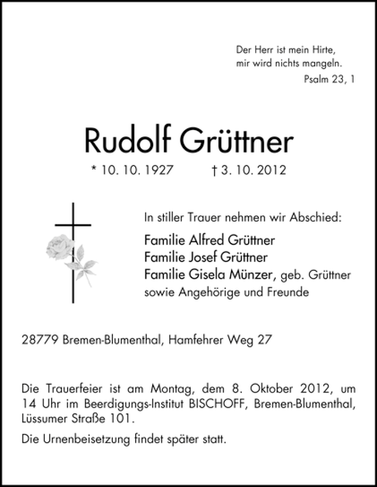 Traueranzeige von Rudolf Grüttner von WESER-KURIER