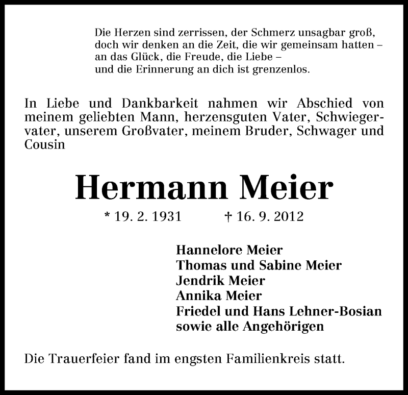 Traueranzeige von Hermann Meier von WESER-KURIER