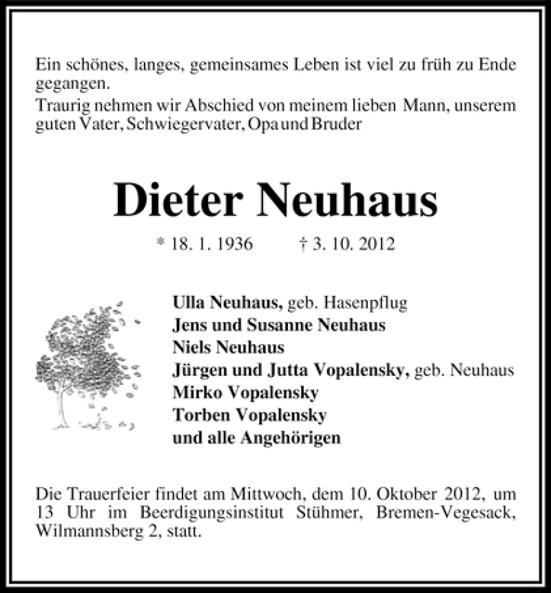 Traueranzeige von Dieter Neuhaus von WESER-KURIER