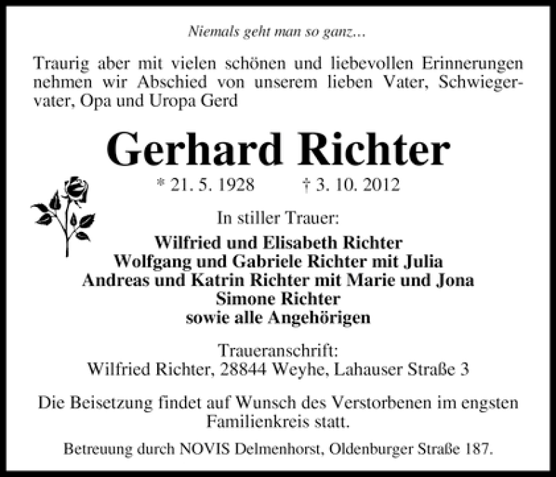 Traueranzeige von Gerhard Richter von WESER-KURIER