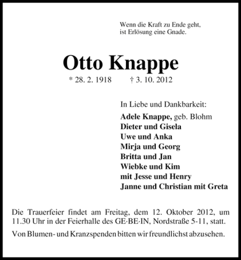 Traueranzeige von Otto Knappe von WESER-KURIER