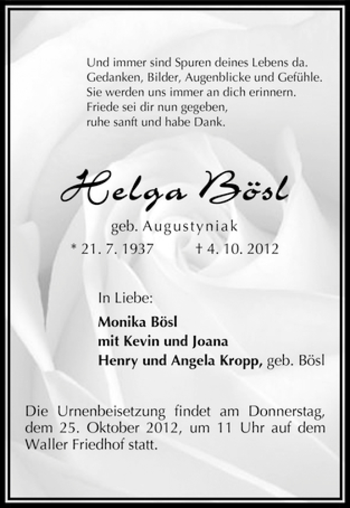 Traueranzeige von Helga Bösl von WESER-KURIER