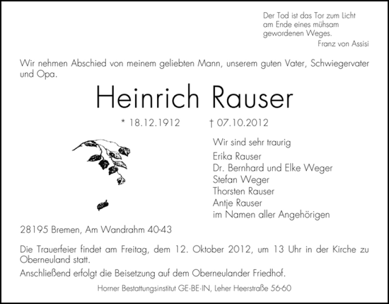 Traueranzeige von Heinrich Rauser von WESER-KURIER