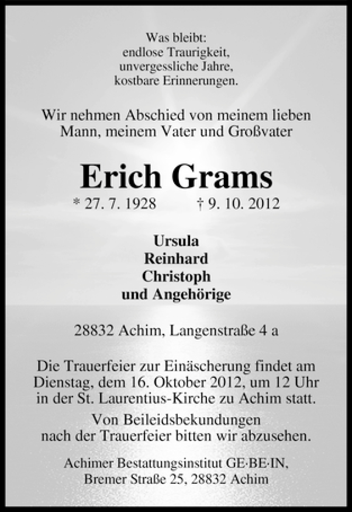 Traueranzeige von Erich Grams von WESER-KURIER
