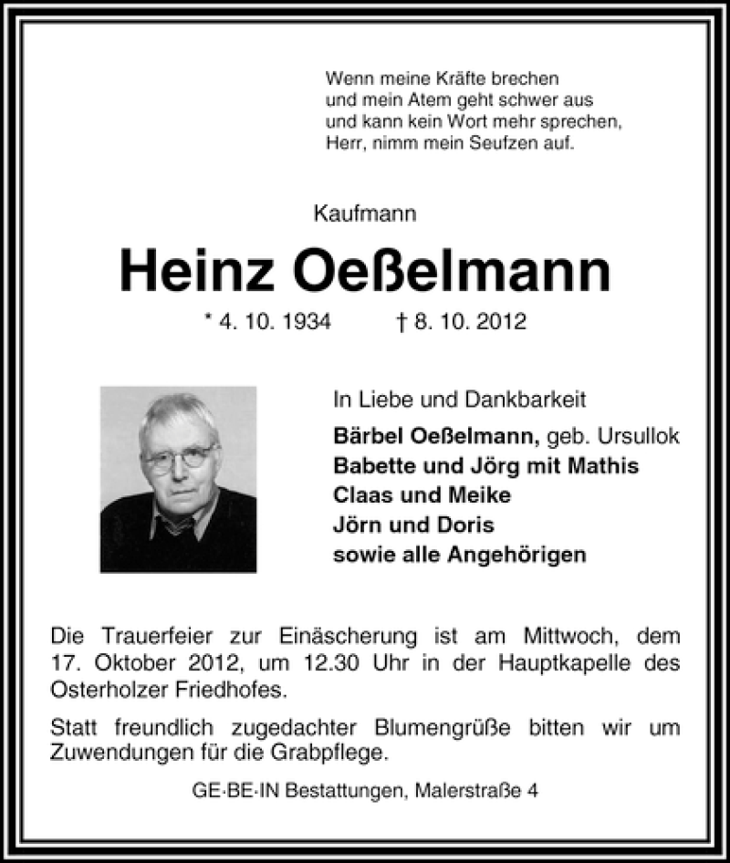 Traueranzeige von Heinz Oeßelmann von WESER-KURIER