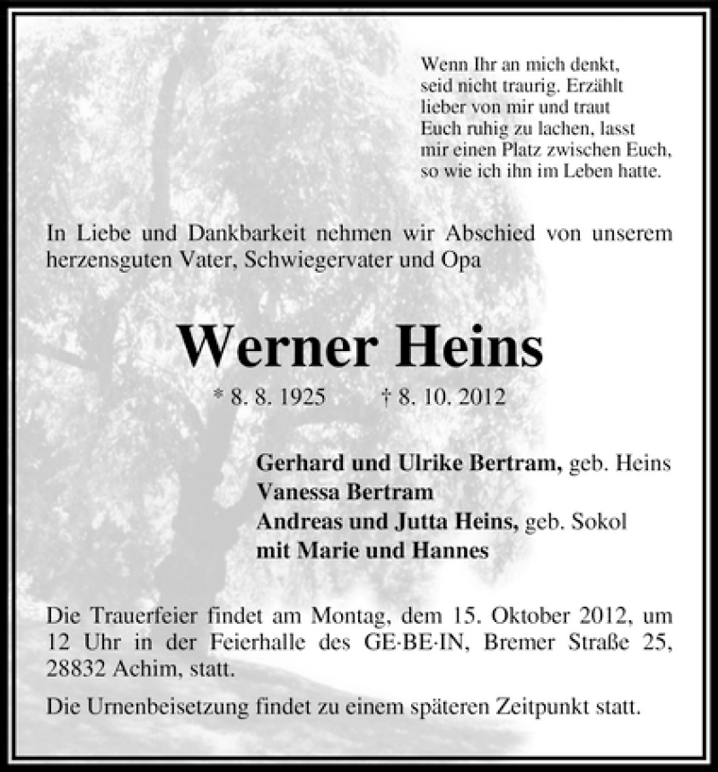 Traueranzeige von Werner Heins von WESER-KURIER