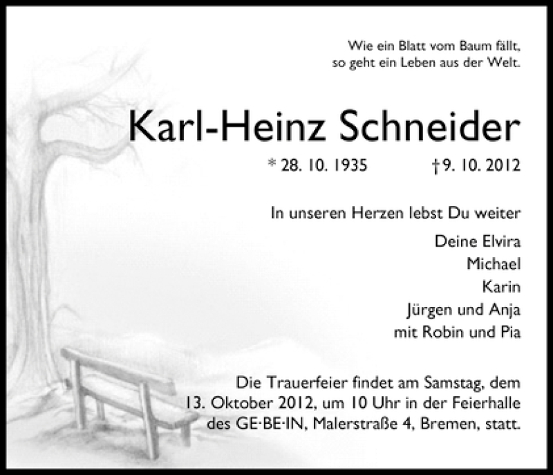 Traueranzeige von Karl-Heinz Schneider von WESER-KURIER