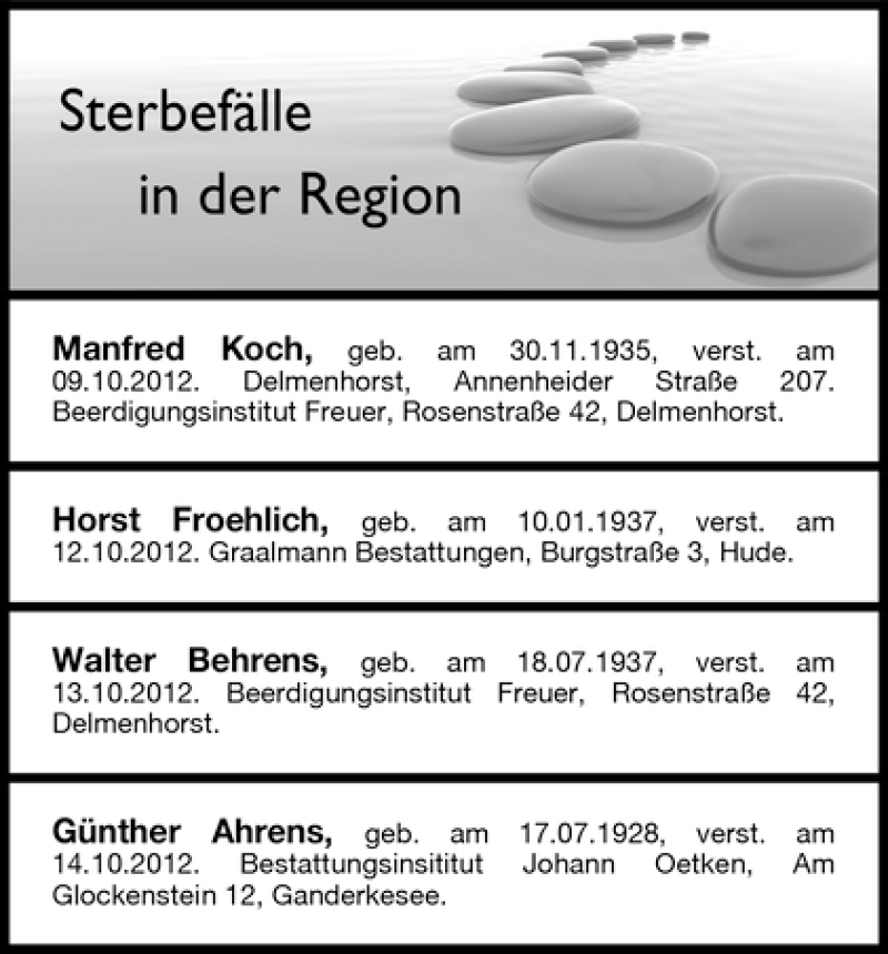 Traueranzeige von Sterbefälle vom 18.10.2012 von WESER-KURIER