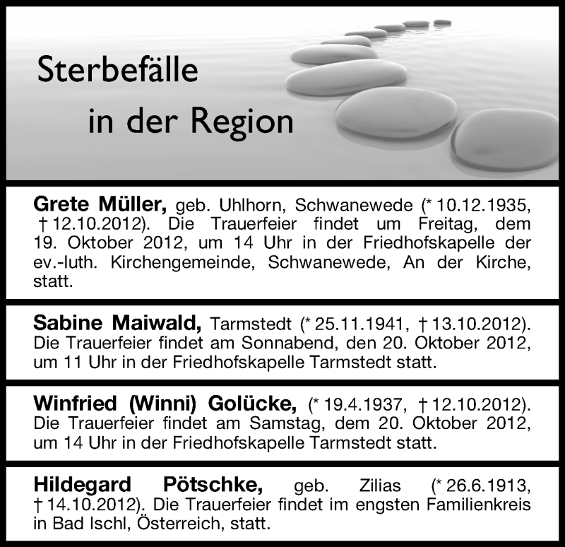 Traueranzeige von Sterbefälle vom 18.10.2012 von WESER-KURIER