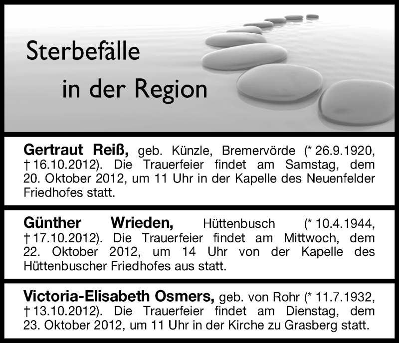 Traueranzeige von Sterbefälle vom 19.10.2012 von WESER-KURIER