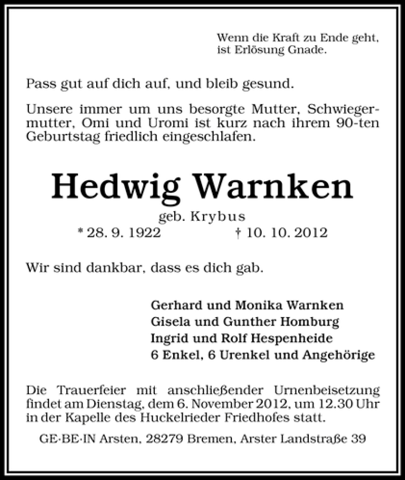 Traueranzeige von Hedwig Warnken von WESER-KURIER