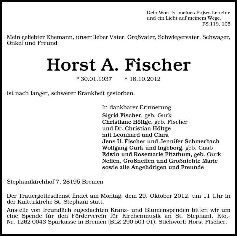 Traueranzeige von Horst A. Fischer von WESER-KURIER