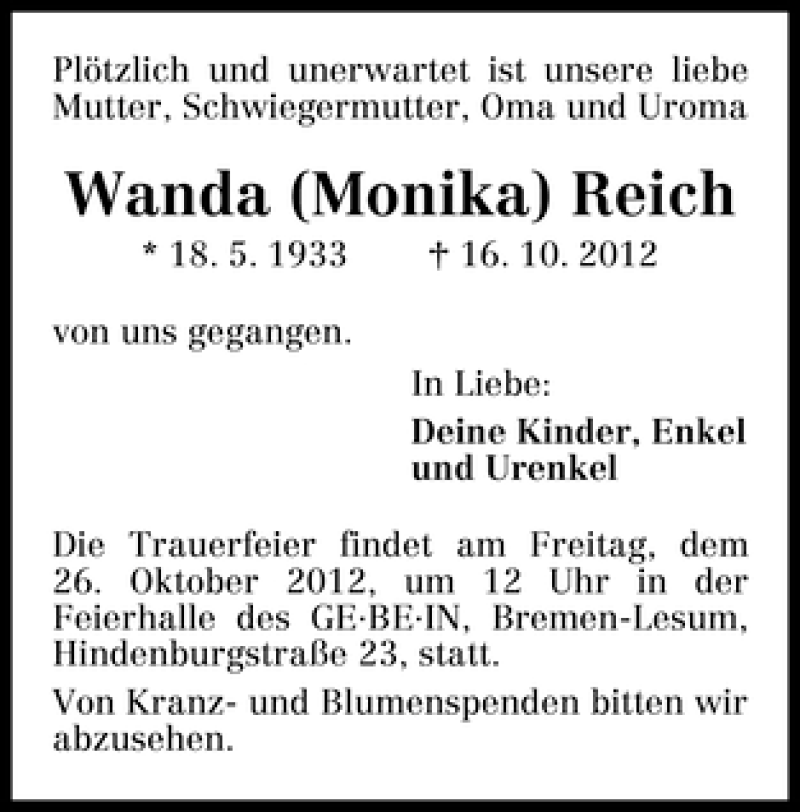 Traueranzeige von Wanda (Monika) Reich von WESER-KURIER