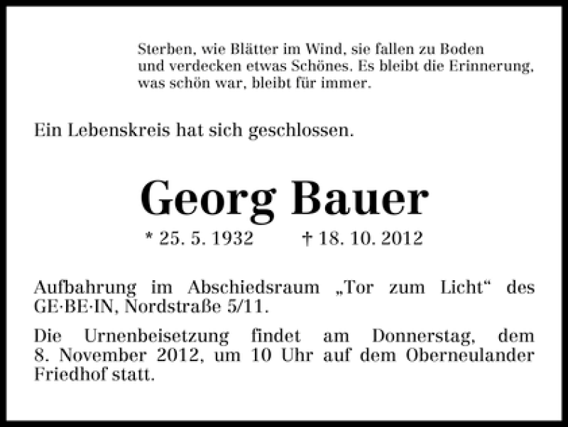 Traueranzeige von Georg Bauer von WESER-KURIER