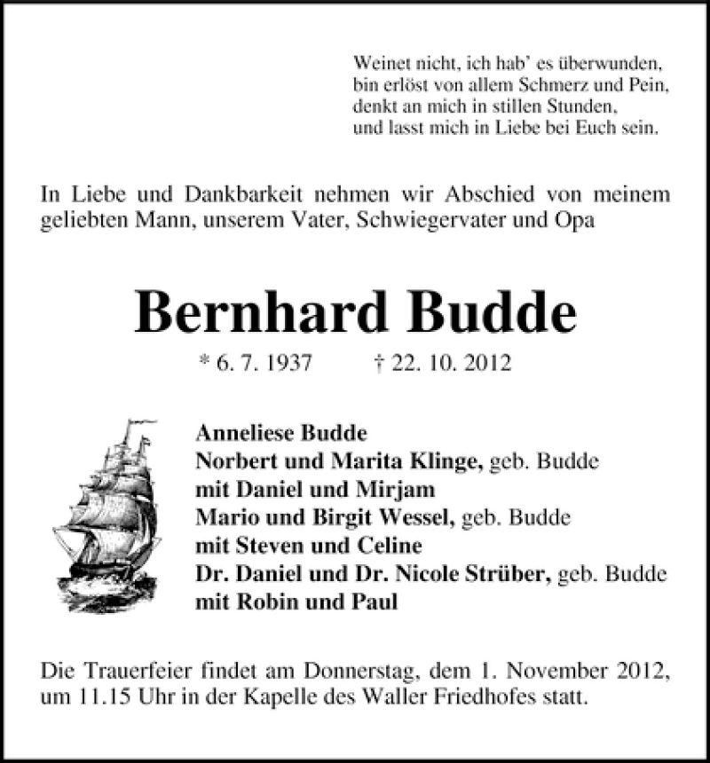 Traueranzeige von Bernhard Budde von WESER-KURIER