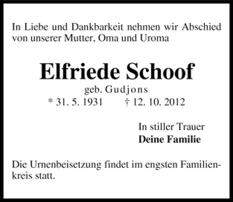 Traueranzeige von Elfriede Schoof von WESER-KURIER