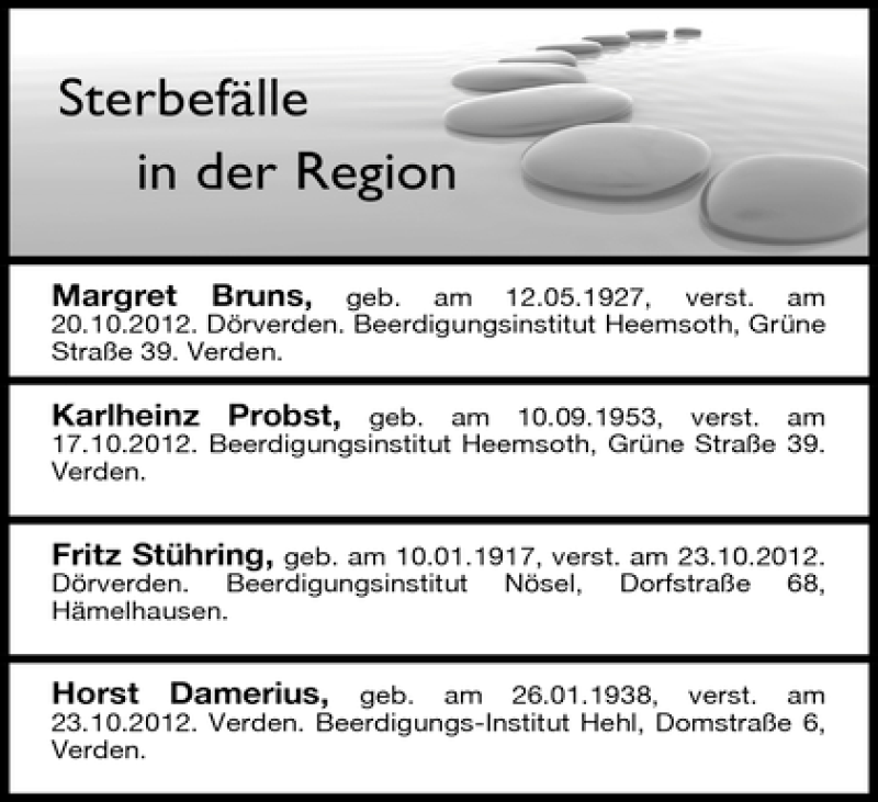 Traueranzeige von Sterbefälle vom 27.10.2012 von WESER-KURIER