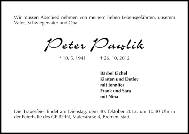 Traueranzeige von Peter Pawlik von WESER-KURIER