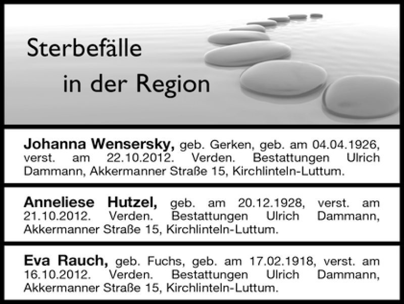 Traueranzeige von Sterbefälle vom 30.10.2012 von WESER-KURIER