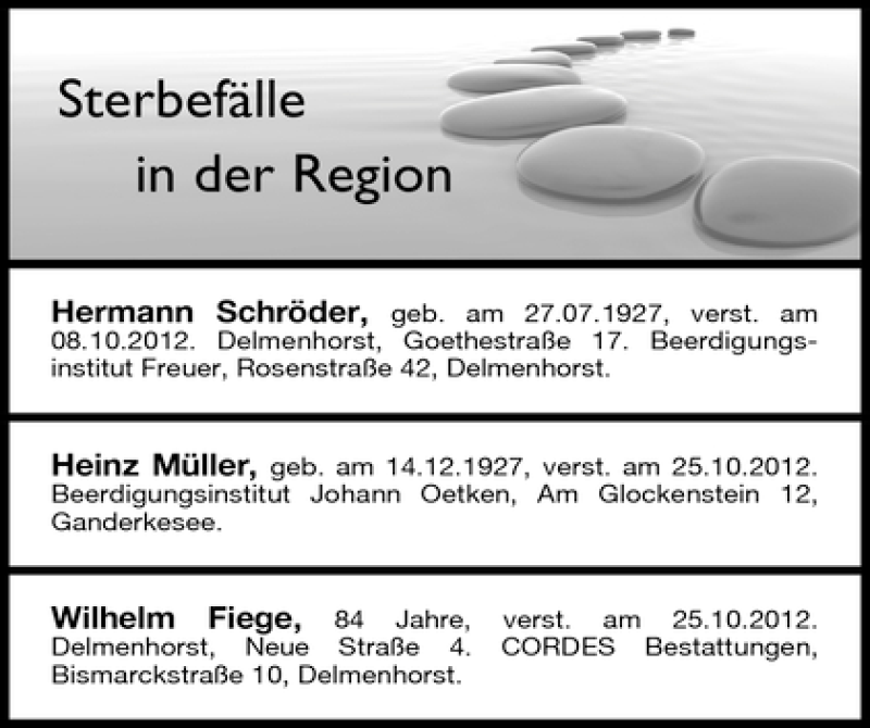 Traueranzeige von Sterbefälle vom 30.10.2012 von WESER-KURIER