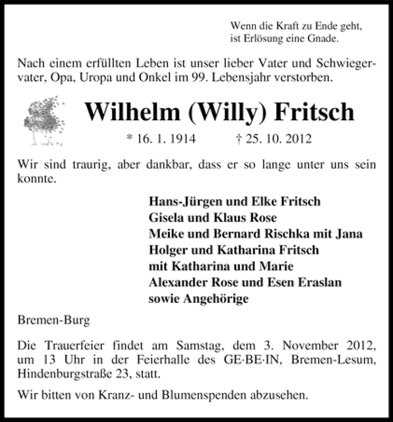 Traueranzeige von Wilhelm Fritsch von WESER-KURIER