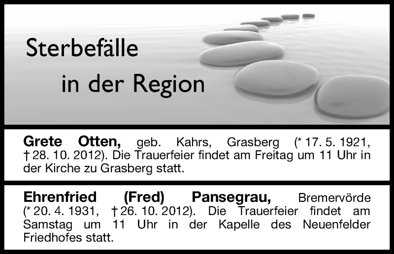 Traueranzeige von Sterbefälle vom 31.10.2012 von WESER-KURIER