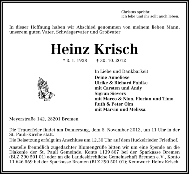 Traueranzeige von Heinz Krisch von WESER-KURIER