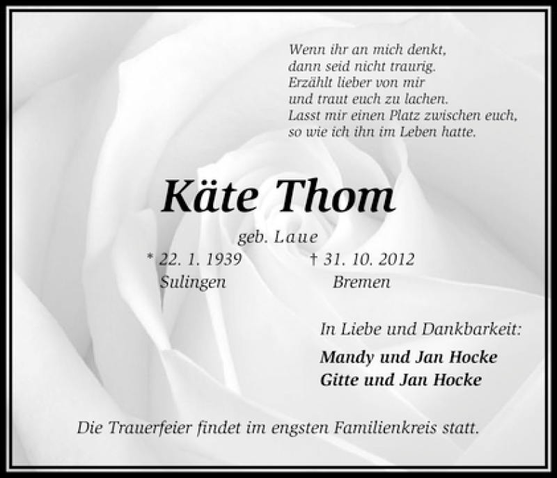  Traueranzeige für Käte Thom vom 03.11.2012 aus WESER-KURIER