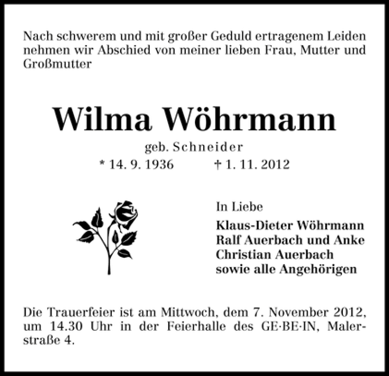 Traueranzeige von Wilma Wöhrmann von WESER-KURIER